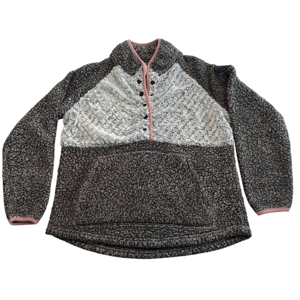 Simply Southern Pullover Womens Large Grey Sherpa Fleece Snap Neck Colorblock